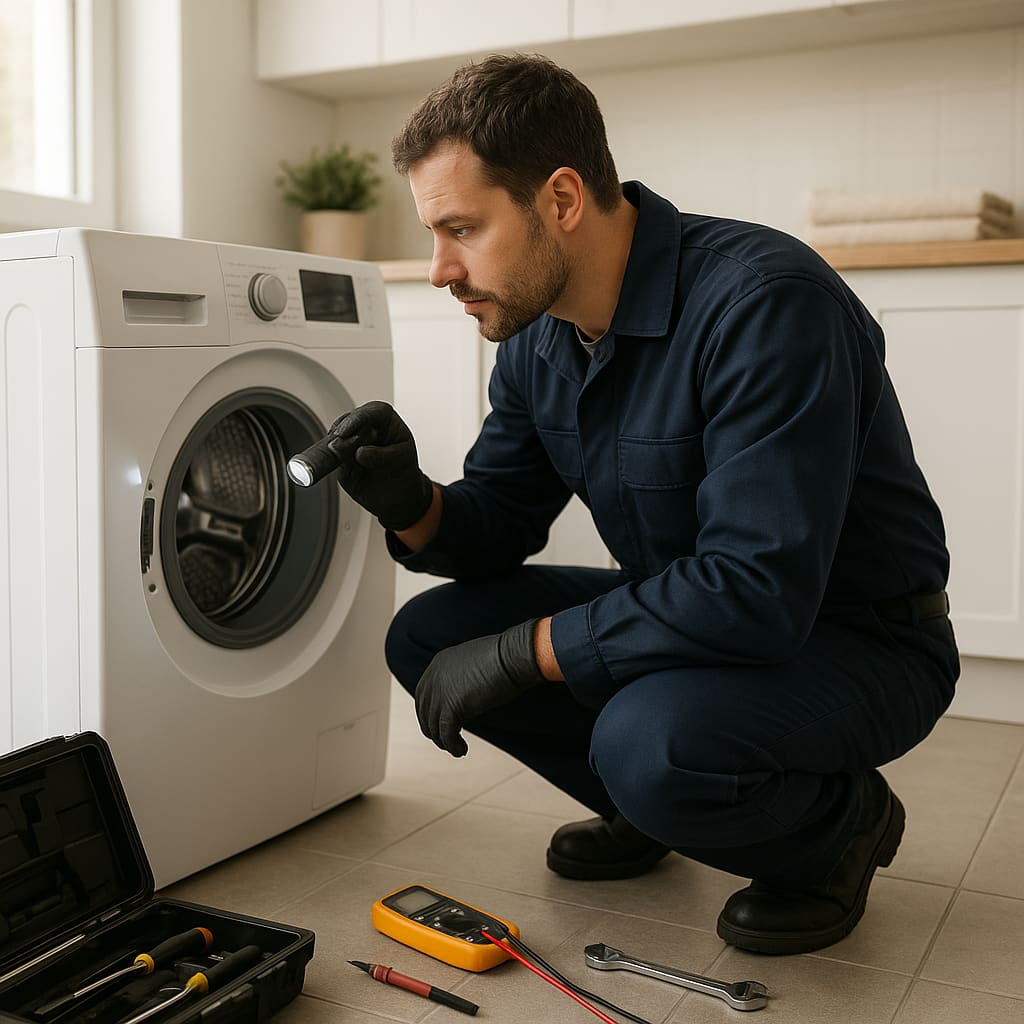 Techniker prüft Waschmaschine