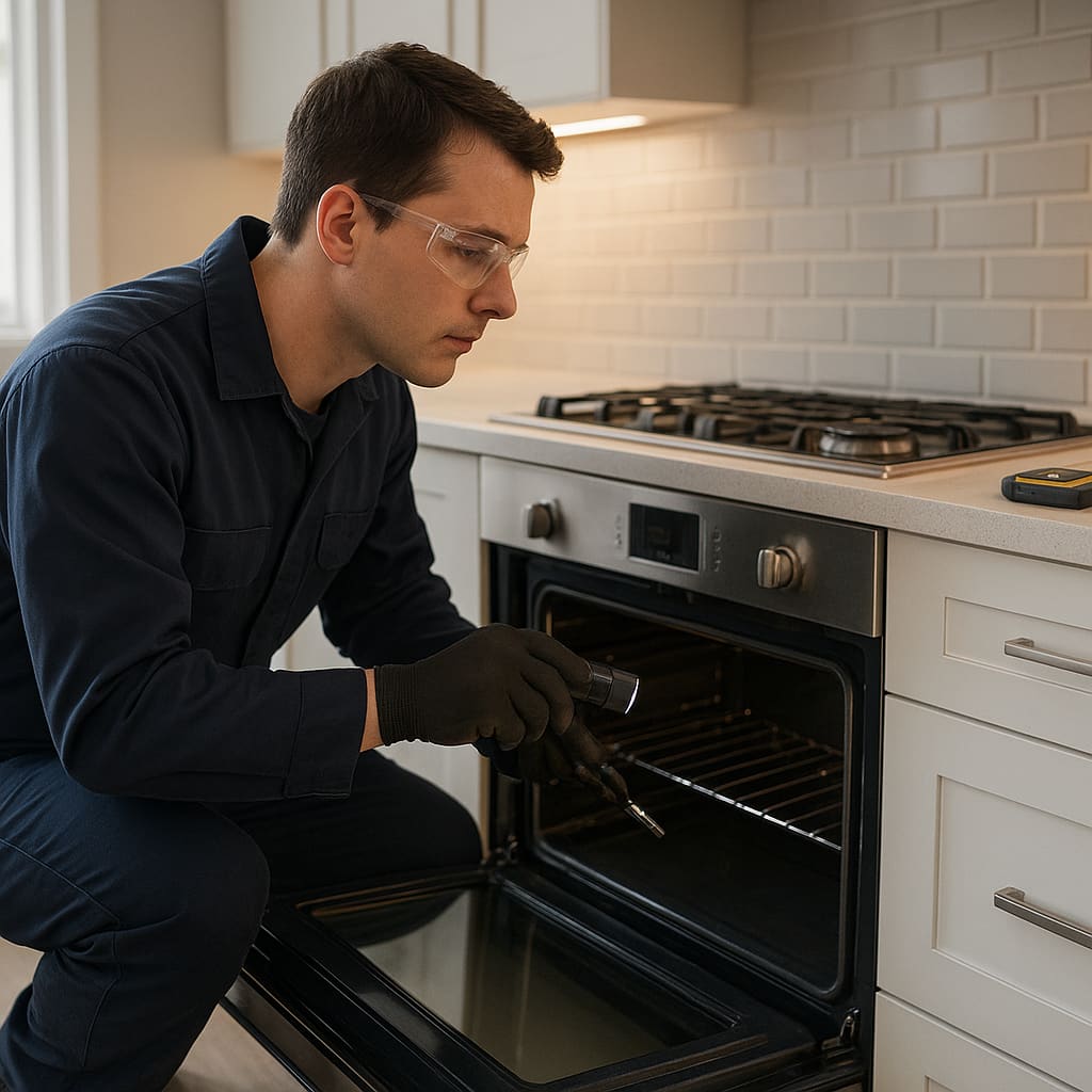 Techniker kontrolliert Backofen und Kochfeld